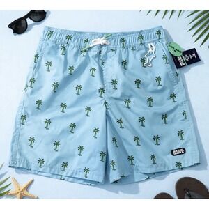 Rugged Shark Boys Swim Trunks Size 10/12 Light Blue Palm Tree Print NWT
